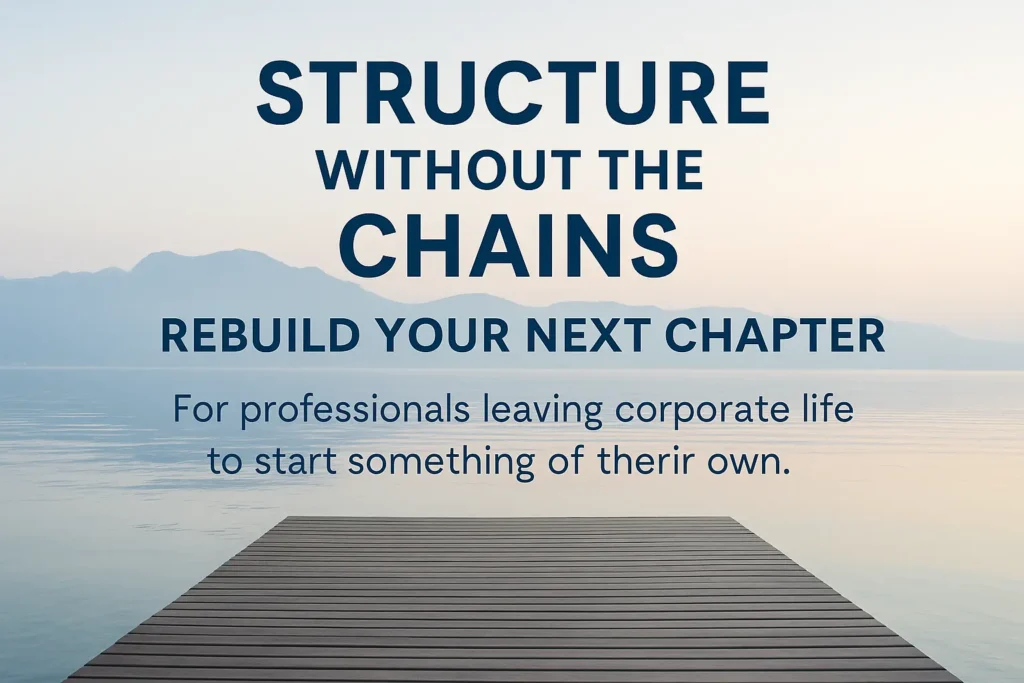 Coaching for Stuck Professionals — Structure Without the Chains Banner image for a blog on coaching for stuck professionals. Headline text reads “Structure Without the Chains — Rebuild Your Next Chapter” with a subheading for professionals leaving corporate life to start something of their own. Modern, clean 1536×1024 design.