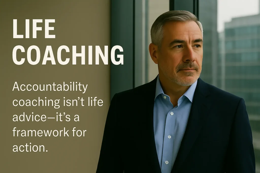 Describe the scene with intent, e.g. “Professional man exploring life coaching with structured support in UK