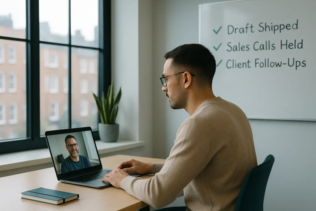 Solo founder on a short daily call, checklist visible, progress board with 3 clear metrics.
