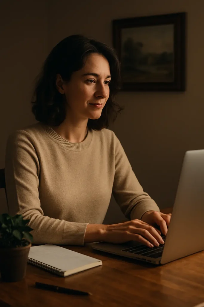Professional woman working at a desk with a laptop and notebook, representing expert guidance behind Accountability Coaching London.