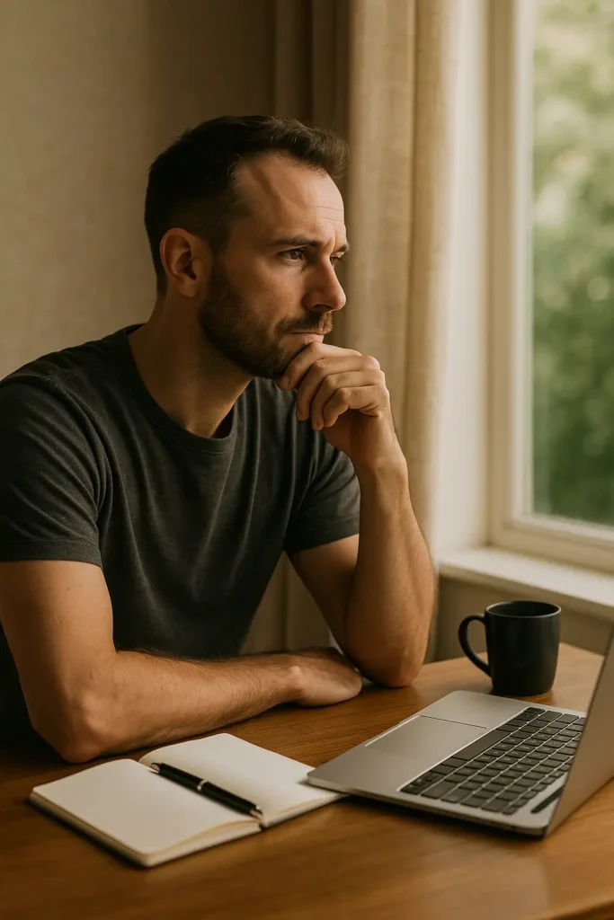 High-achieving man in his 30s reflecting at a desk with laptop and notebook, representing accountability coaching in London.